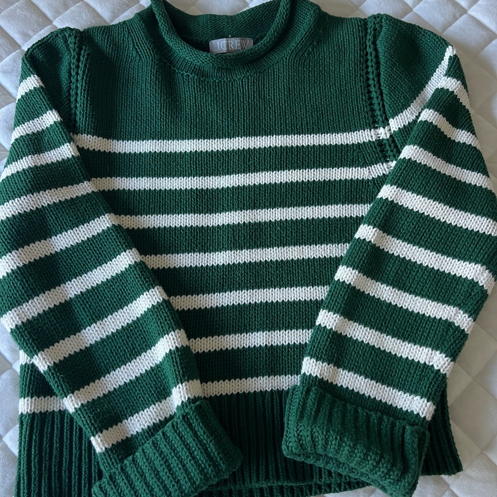 J. Crew Forest Green and White Striped Rollneck Sweater